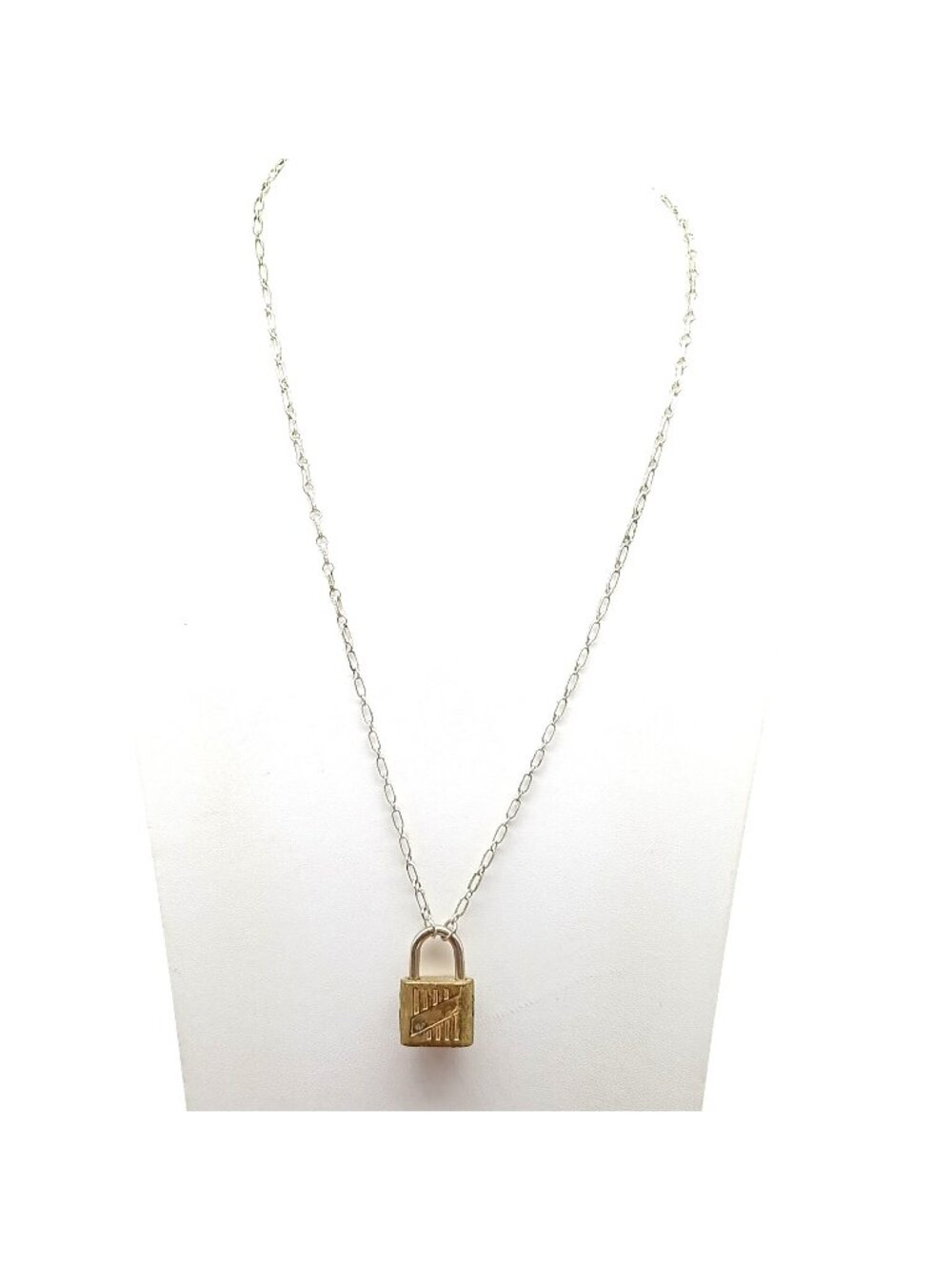 Vintage Brass Padlock Necklace on Sterling Silver Chain with Key - Unique Functi